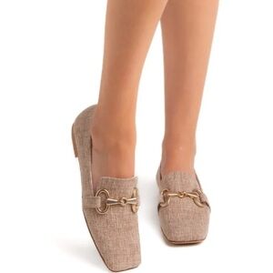 Linen European Ladies Beige Tweed Horsebit Loafers - Elegant Slip-On Flats